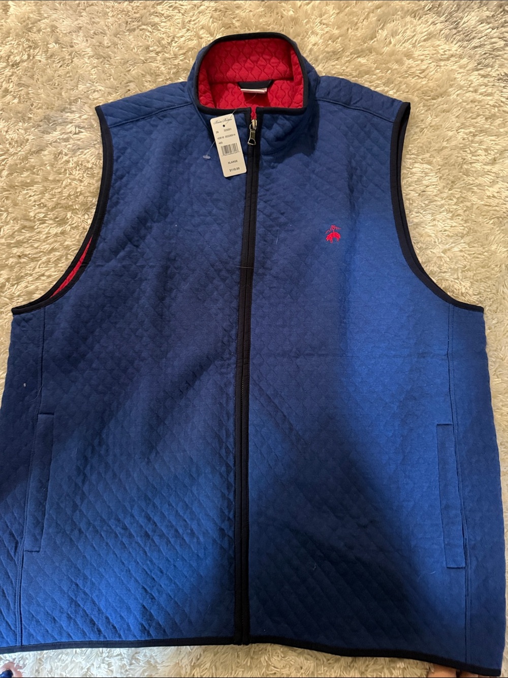 Men's Brooks Brothers Quilted Blue Vest with Red Trim size X-Large.  NWT